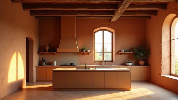 Terre cuite au plafond : la matière brute qui réchauffe une cuisine